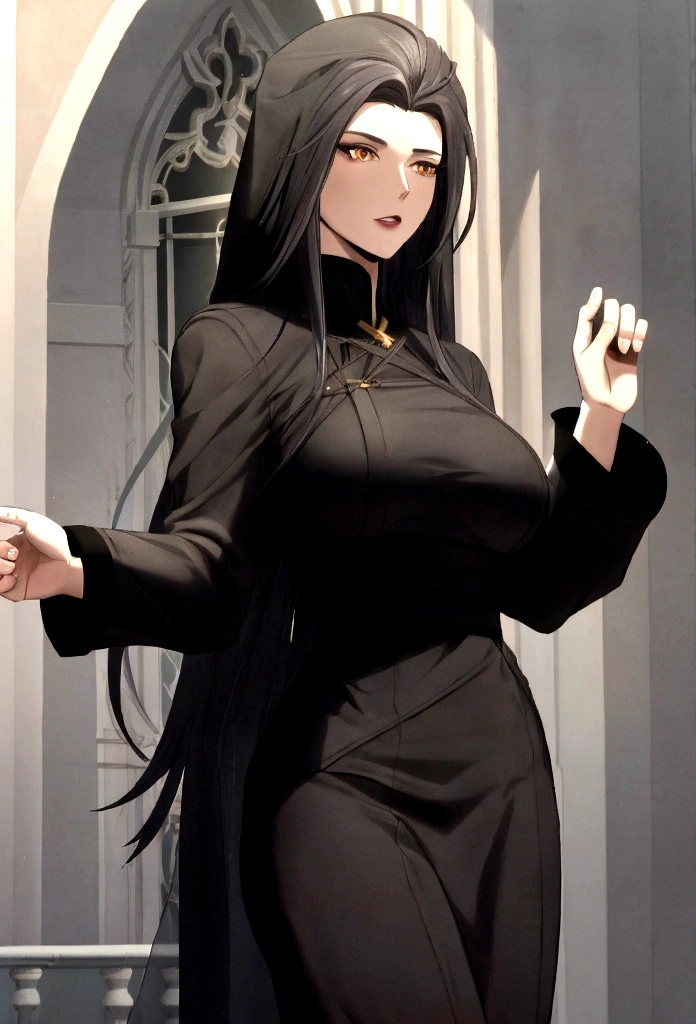 mature woman, Bullish, long black hair, medium breasts, accentuated body, handsome, Female One, church clothes, black clothes, red and white, fine tune, semi-transparent hair veil.