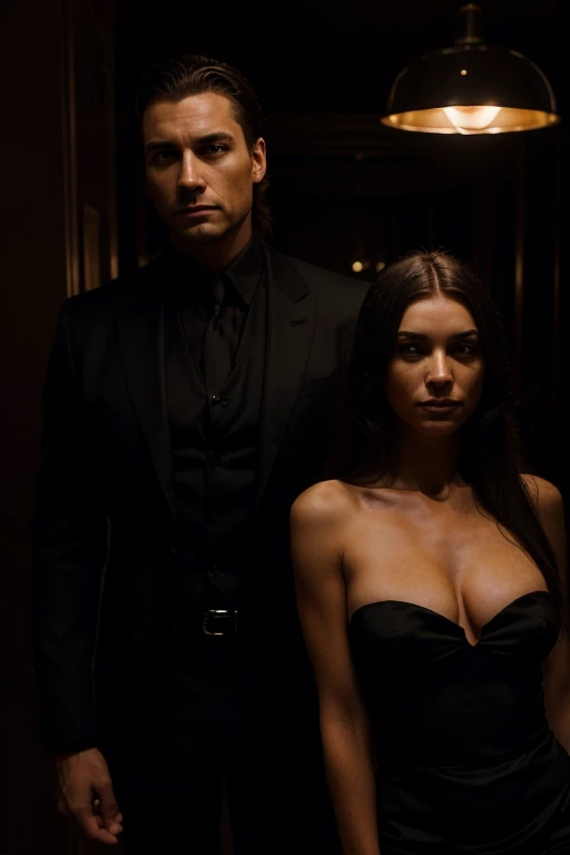 A millionaire man and woman in a somewhat dark environment, a dominant and persuasive look, you are in a very luxurious place. 