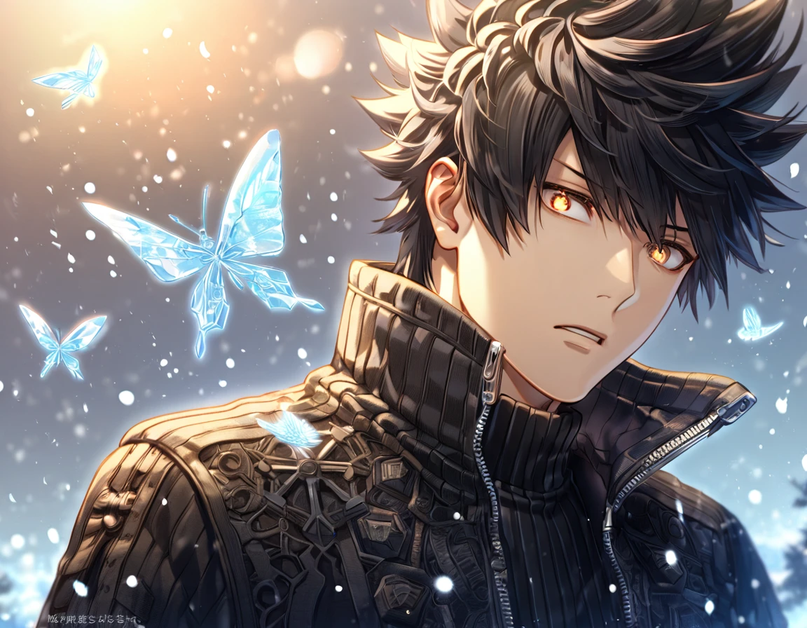 absurdres, highres, ultra detailed, HDR, master piece, best quality, extremely detailed, Kageura Masato, black hair, spiked hair, expressive amber eyes, World Trigger, solo, sexy man, handsome, black sweater with high collar and a zipper, magical, fantasy, snowflakes, ice butterflies, ice, snowing