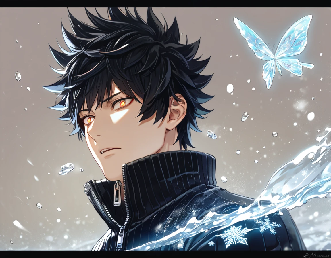 absurdres, highres, ultra detailed, HDR, master piece, best quality, extremely detailed, Kageura Masato, black hair, spiked hair, expressive amber eyes, World Trigger, solo, sexy man, handsome, black sweater with high collar and a zipper, magical, fantasy, snowflakes, ice butterflies, ice, snowing