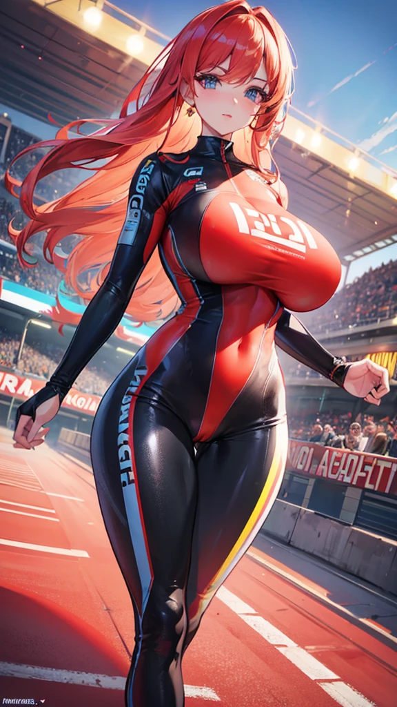 a beautiful woman in a tight-fitting translucent bodysuit, huge breasts, racing in a speedway, camel toe, advertising cars, photorealistic, 8k, hyper detailed, cinematic lighting, vibrant colors