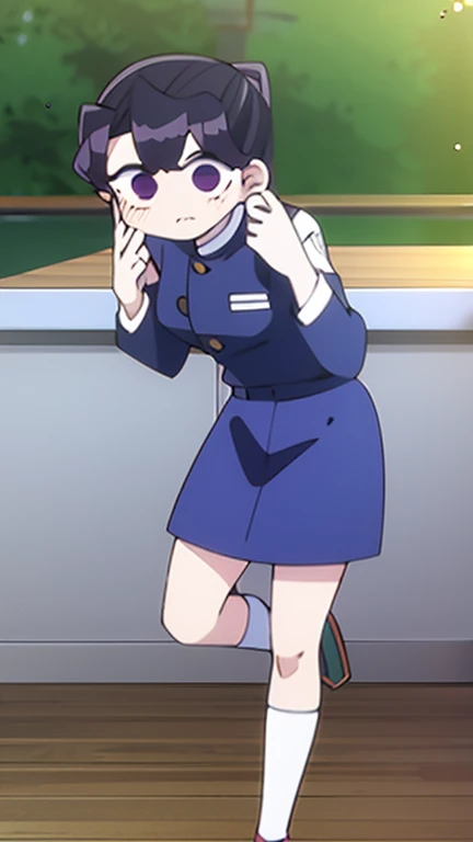 1 girl, fusion, Yor x Shoko x Shinobu, beautiful girl 22 years old, black hair and purple tips, long bangs, straight hair, golden eyes, anime, demon slayer, pronounced eyebrows, pony tail down, collar esmeralda, demon hunter uniform, blue shelter, golden details, long dark skirt, natural landscape, Cherry tree, White socks.