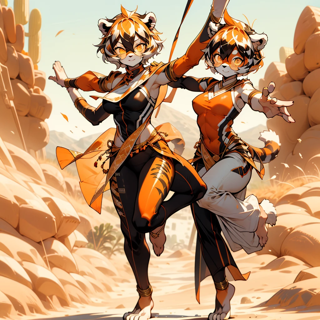 white background, full body, ((1girl,Playgirl,furry)), Standing Yoga mat, animal ears, arknights, white hair, black hair, round eyewear, glasses, OPPEIN, short hair, large breasts, muscle, tail, orange eyes, orange hair, multicolored hair, tiger girl, furry female, hair between eyes, tiger_ears, tiger_tail, orange-tinted_eyewear, tinted_eyewear, Sophorae, big breasts, stomach tattoo, evil smile, Shadows under feet, Abdominal muscles, (((Desert dancer suit:1.5)))