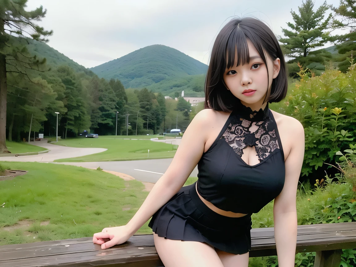 (Highest quality, masterpiece, Ultra-high resolution, 8K, RAW Photos, Realistic, Anatomically correct:1.5), 20-year-old girl:1.2, Embarrassing, avert your eyes, blush:1.0, View Viewer, ((Live Performance Venues)) 、Night view、 Light:1.2, Bokeh, Cinema Lighting:1.0, Depth of written boundary, sharp、 Cute face、Idol、Black short sleeve lace top、Black pleated skirt、Shiny black clothing、”dwarf”、(Floral clothes)、(Full Body Shot)、Side angle、Cowboy Shot、 smile、((Ultra short hair、Berry Short))、(Straight bangs)、((See-through))、(( One Girl))、Waist、I can see your thighs、Large Breasts、