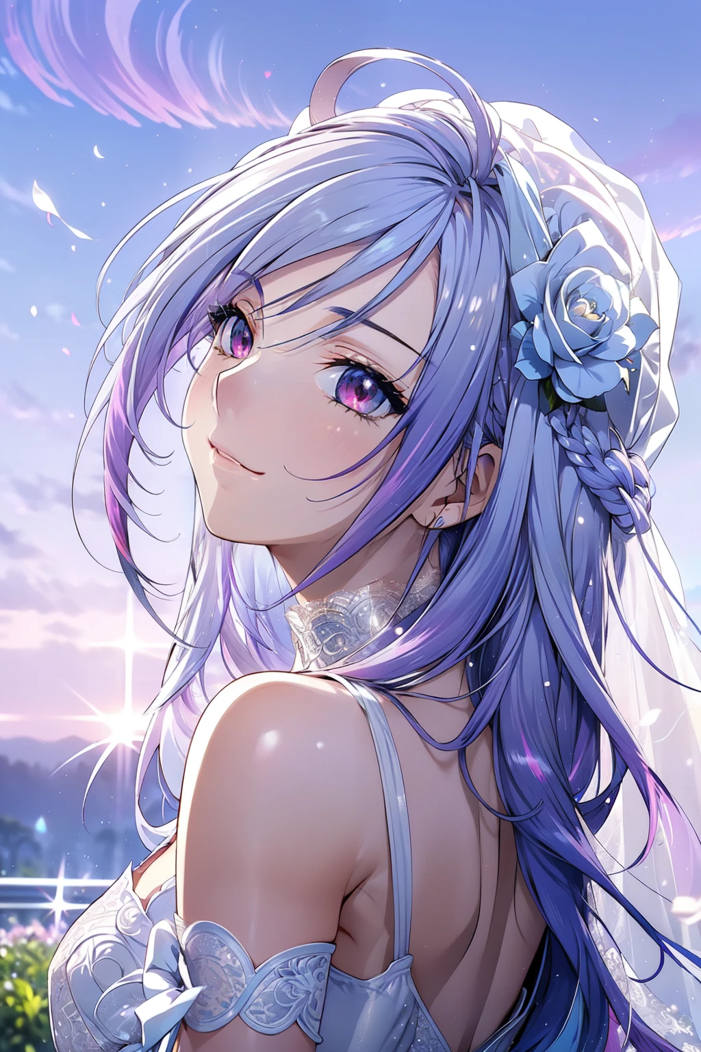 (masterpiece, best quality, beautiful and aesthetic:1.3), side view, 1girl, solo, light smile,  (Silver blue hair streaked purple:1.4), (Gradient sky blue hair ends:1.6), hair strand, absurdly long hair, single sidelock, wavy hair, shiny hair, floating hair, (deep red eyes), delicate eyes, aqua eyes, super high detailed eyes, long upper eyelashes, makeup, Focus on face, Very detailed facial, Pretty Face, Perfect breasts, hot body, (Delicate skin texture:1.2), bridal veil, lace-trimmed dress, see-through, wedding dress, outdoors, white roses, garden, morning, standing, extreme detailed, 