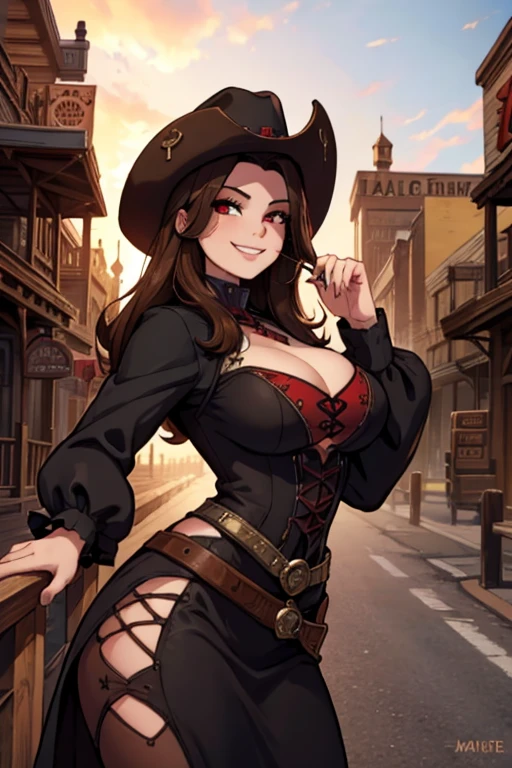 Perfect face, Perfect hands. A brown haired woman with red eyes and an hourglass figure in a Gothic conservative cowgirl is smiling while leaning on a railing with a big smile in a wild west town
