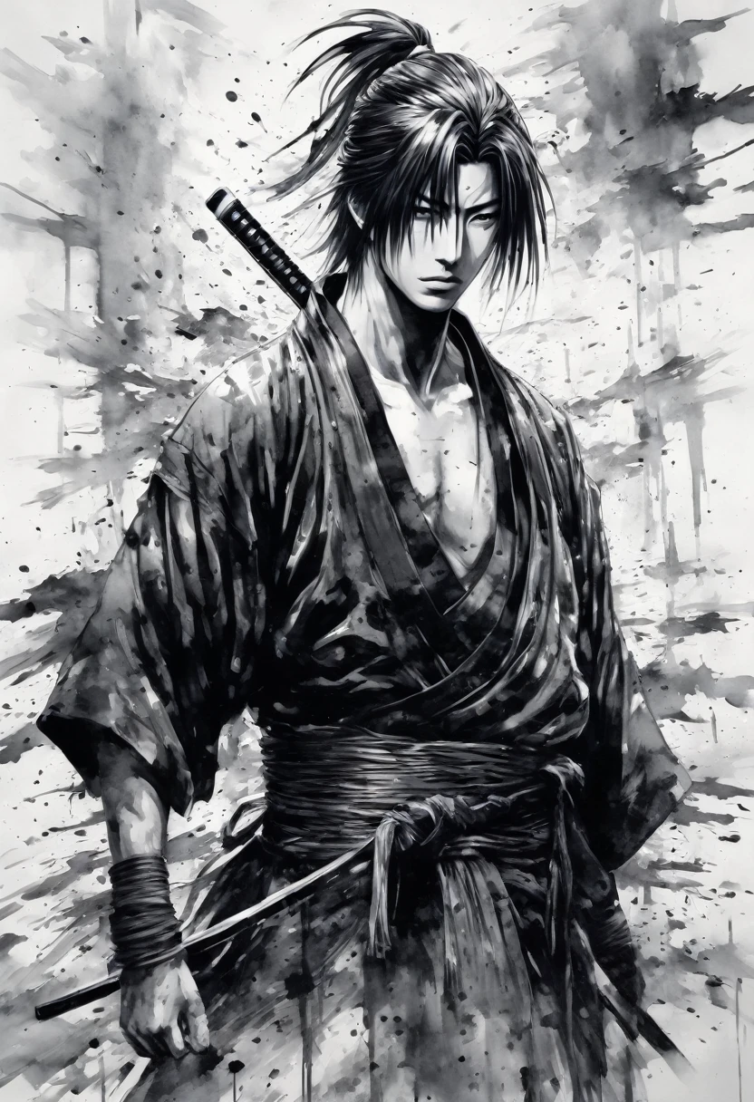 4K,Ink and ink painting,Black and white painting,splash,whole body,Beautiful detailed glass hair,Rurouni Kenshin,Kenshin Himura,Crow,Beautiful Face,