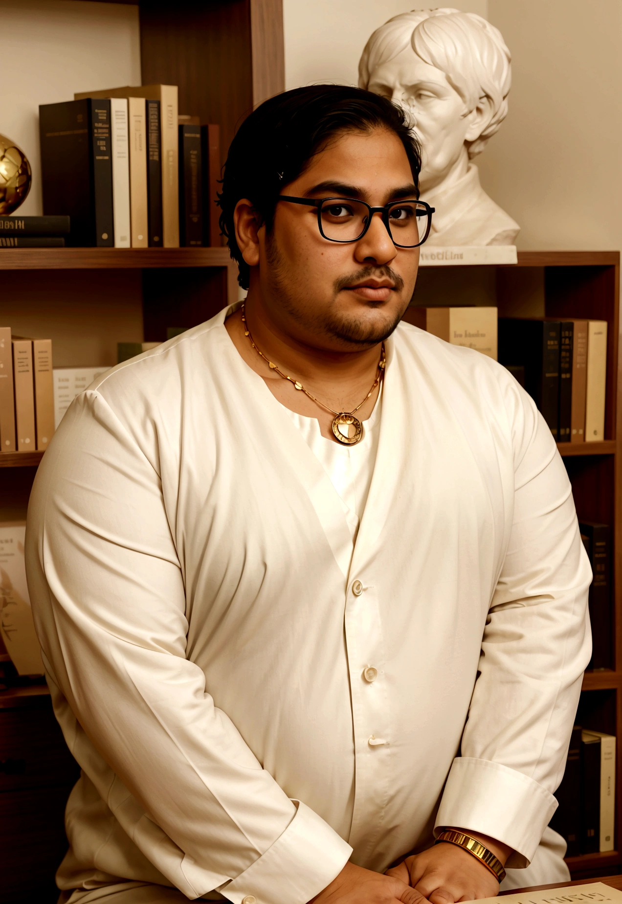 Create a fat man, with a short beard, glasses, slanted eyes, thick eyebrow, round face with double chin, short black hair and skin the color of an Indian and a wide nose, gross mouth... behind a table, sitting in a beige modern elegant suit and a white dress shirt underneath, wide open.... and a gold necklace... behind the man there is a shelf with books on philosophy and psychology, a modern statue of a human head and a statue with the symbol of psychology... the ambience is modern, luxurious