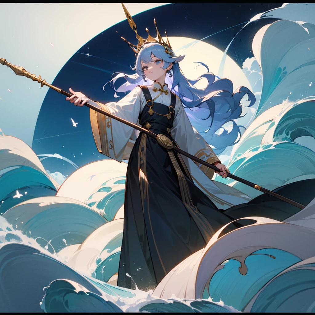 high resolution、Neat、cool、Moon Goddess!He carries a silver stick with a large round ring、Wave the big stick and it will rise quietly to the sky。Wearing a crown like a princess。
Overall white、In light blue image!
