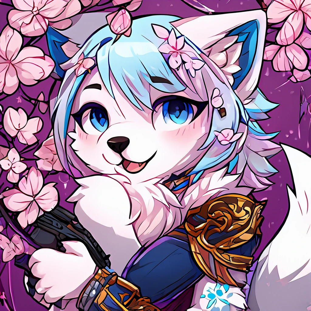 arctic fox holding a sidearm, fluffly, mascle