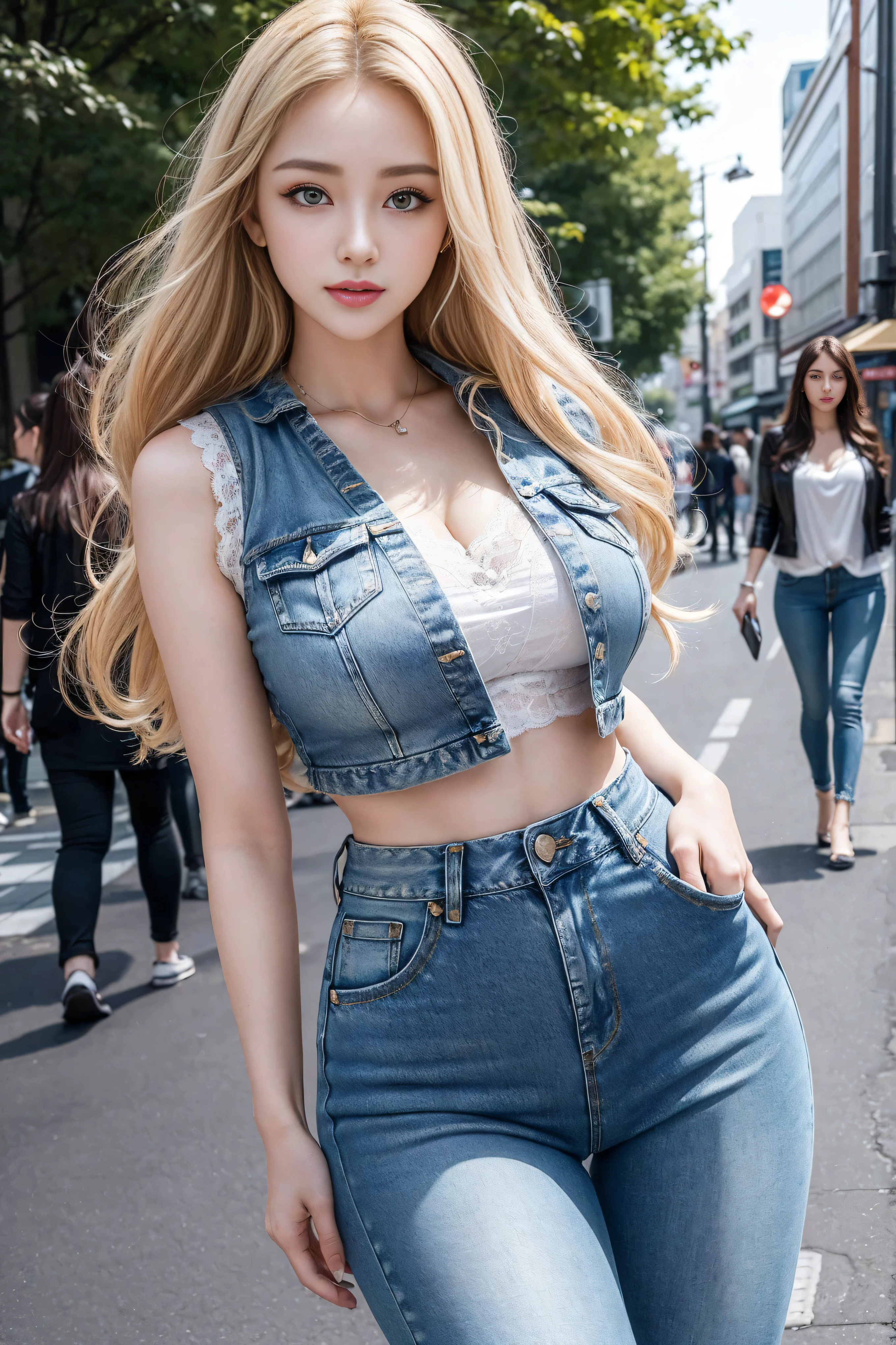 ((Realistic lighting, best quality, 8K, masterpiece:1.3)), (Lock focus:1.2), (2 sisters),(Beautiful woman with perfect figure:1.4), : 2 beautiful Korean girls, Korean pop idol,Leg length,(Pale skin), (big eyes),(Smile:0.8),(Plump and sexy lips), Complex and detailed face, ((Super delicate skin)),Delicate face,Ultra-thin face,Fine Eyes,Double eyelids,((blonde)), (White lace underwear:1.4),Background Shibuya street,emphasize,Ultra-thin face,Fine Eyes,Double eyelids,(Start from below:1.attitude,(Mid-chest:1.2),Sexy long legs, (Thigh gap:1.5),Wide hips,S-Shaped Body,Vest line, Hips lifted,Leg length,Skinny denim trousers,Shooting from the front,Body proportions,Over-the-knee leather boots,
