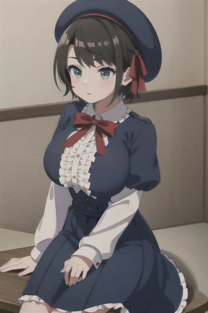 masterpiece, Highest quality, High resolution, Husbar, short hair, Hair Ribbon, Blue hat, Red bow tie, Center frill, Frilled shirt, White shirt, Long sleeve, High Waist Skirt, Blue Skirt, Checked skirt, Sitting、Huge breasts