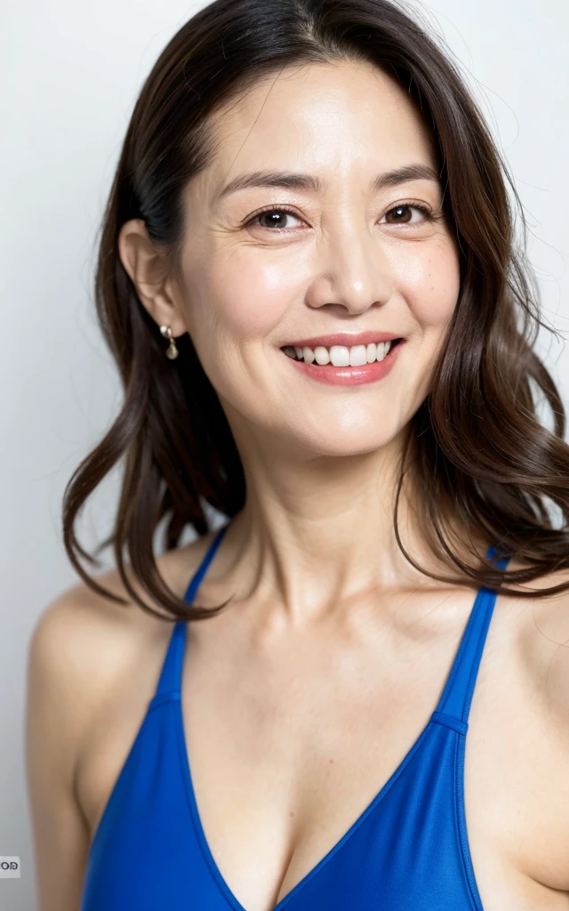 One woman, full body, 1 mature woman, soro, 55 years old, auntie, facial wrinkles, beautiful eyes, laugh, beautiful face, wearing swimsuit,