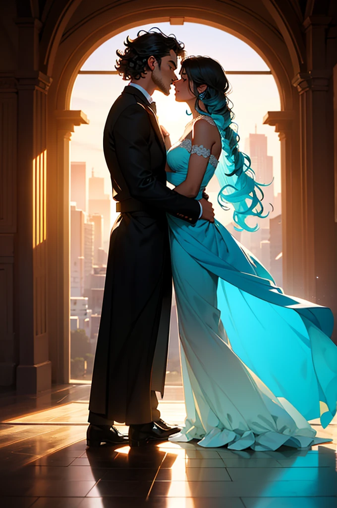 silhouette of a man and a woman kissing. They both have curly hair: the man with short hair and the woman with long hair. Inside man silhouette, There's a sun, and inside the woman&#39;s silhouette, a moon. the Background of the image is the space, full of stars. At the center, there is a heart that unites the silhouettes of the man and the woman. Add the silhouette of a  walking hand in hand with the man and woman.