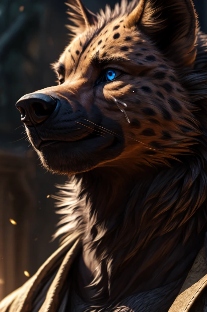 hyena man, closeup bust shot, extremely detailed face, beautiful detailed eyes, beautiful detailed lips, extremely detailed eyes and face, shy blush, massive hyper cock coming in from off screen close to his face, erupting cum all over face, photorealistic, 8k, highly detailed, intricate details, cinematic lighting, dramatic lighting, dramatic shadows, hyper realistic, masterpiece, (best quality,4k,8k,highres,masterpiece:1.2),ultra-detailed,(realistic,photorealistic,photo-realistic:1.37)