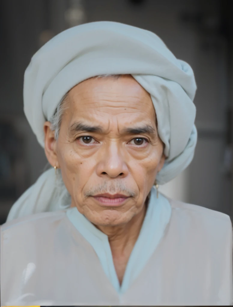 a realistis indonesian man face age 50 years wear a white turban,ultra hd 8k