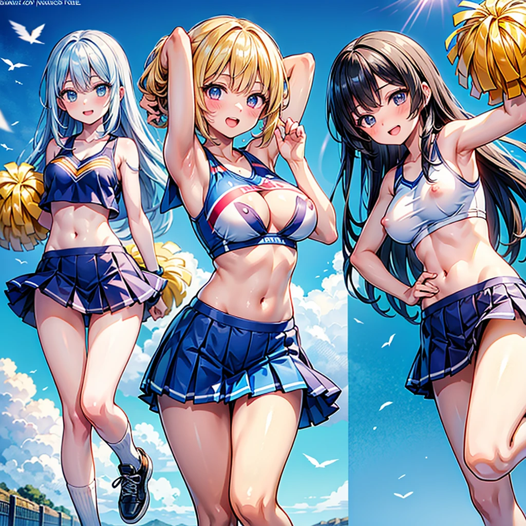 Anime Moe Art Style,Highest quality,High resolution,Anatomically correct,Multiple Girls,Mid-s,Mr.々Hair style,Super detailed,Big Breasts,Shiny skin,Beautiful Skin,A rich expression,Shy laugh,high school girl,Gal-style girl,Ground,lure,Cheerleader,Open your clothes to show your chest,Nipples are visible,Poses that accentuate the chest,Sexy pose,Eyes drawn in detail,8K