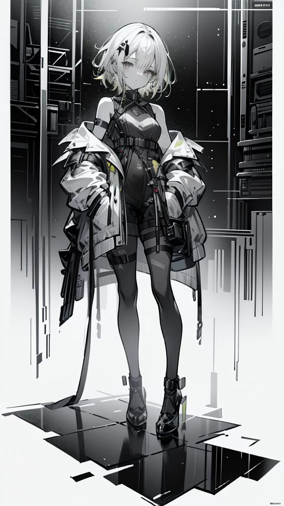 1 girl, short yellow hair, cyberpunk, Alice in Wonderland, black high heels, hand in pocket, best quality, 4k, 8k, highres, masterpiece:1.2, ultra-detailed, realistic, photorealistic, photo-realistic:1.37, HDR, UHD, studio lighting, ultra-fine painting, sharp focus, physically-based rendering, extreme detail description, professional, vivid colors, bokeh, concept art