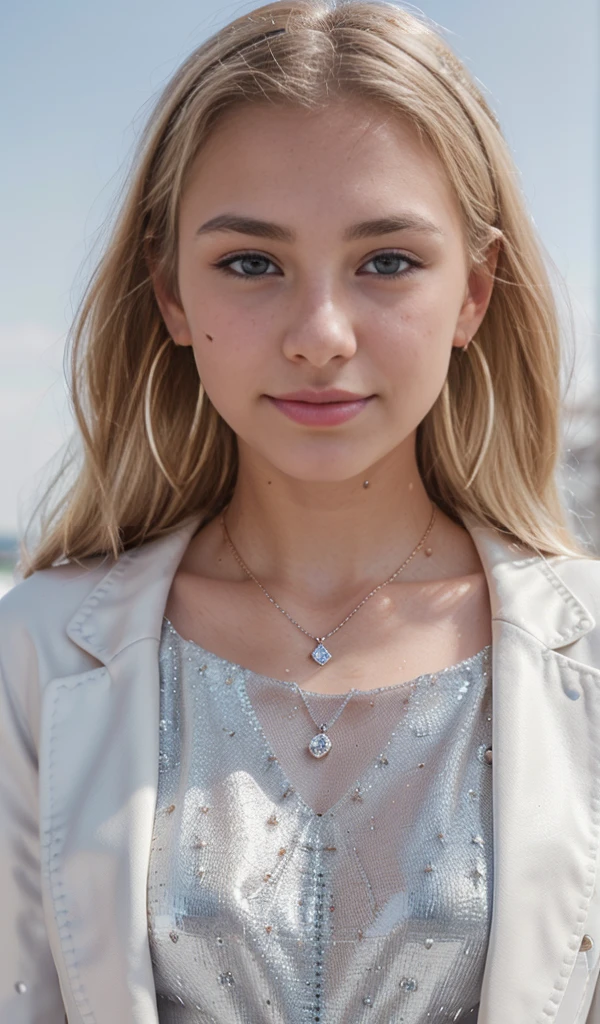 Front view, sweet smile, moles, mole on cheeks, ((Teenage girl, ???, 15 years old girl:1.2)), slender, slim, close up, white coat, beige shirt, Slender and graceful, beautiful, ultra sharp focus, realistic shot, Winter theme, cold, ((necklage, gem necklage, Metallic texture, round hoop earrings, beautifull earrings, Details, hoop earrings with small diamonds encrusted)), White background, ((blonde woman, mole under eye, mole on cheeks)), blue eyes, 8K, Ultra HD，digital SLR camera，Gentle lighting，high high quality，filmgrain，Fujifilm XT3 sharp focu 5.6，high detal，Sharp focus