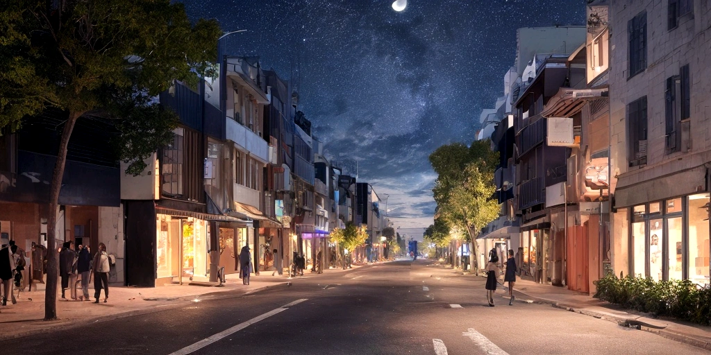 several roads in a deserted place, going in different directions, moonlit weather, with a large crowd walking on these roads, people walking, men and women and children walking