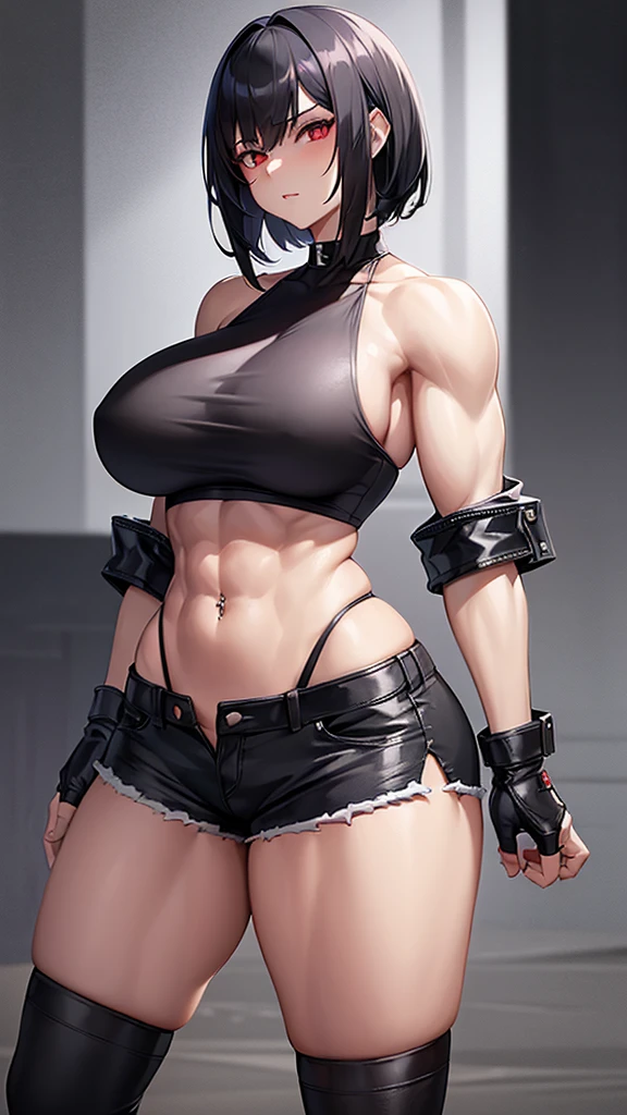 1 girl, muscular, black hair, red eyes, pale skin, solo, short shoulder length hair, curvy, very wide hips, narrow waist, thick thighs, very huge breasts, black choker, black crop top,  black jean booty shorts, sultry, navel piercing, midriff six-pack abs
