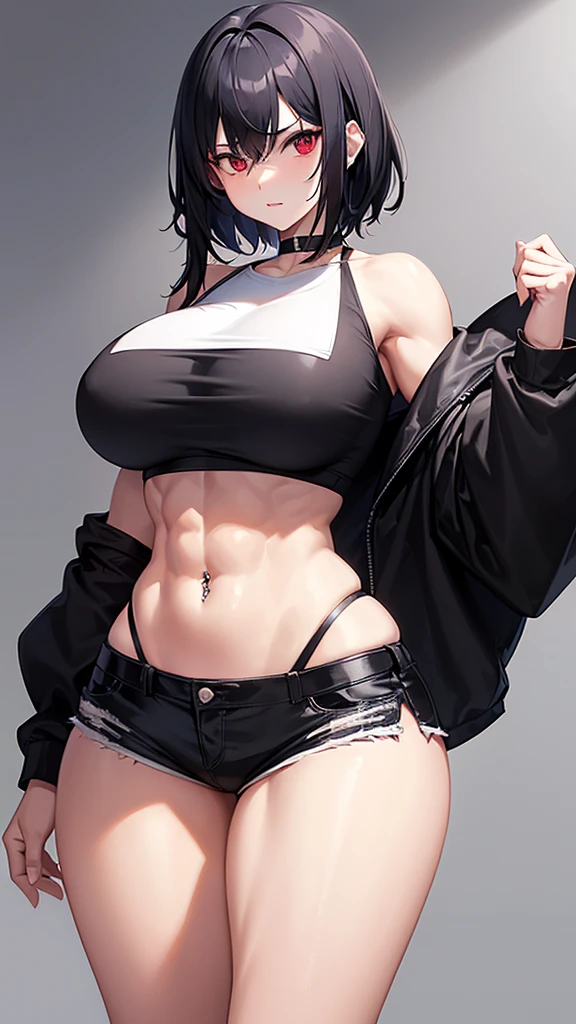 1 girl, muscular, black hair, red eyes, pale skin, solo, short shoulder length hair, curvy, very wide hips, narrow waist, thick thighs, very huge breasts, black choker, black crop top, black jean booty shorts, sultry, navel piercing, midriff six-pack abs