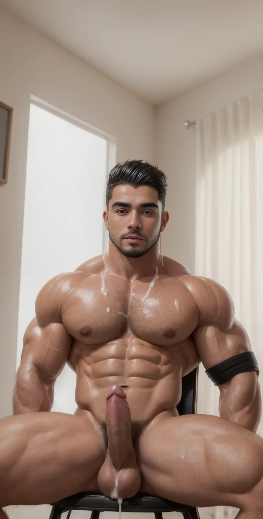 (masterpiece, intricately detailed, highest resolution, best quality:1.2), (doujin), a cocky Latino Instagram influencer,a 24 y.o muscle stud with a muscular physique sitting on a chair with black eyes,dark-skinned male, wearing a ((open jacket, chav, armbands)), (excessive cum), (cum on body), (cum drip), flaccid penis,saggy balls,hairy chest,vascular,muscle striations,soft light,fantastic realism, ((colth))