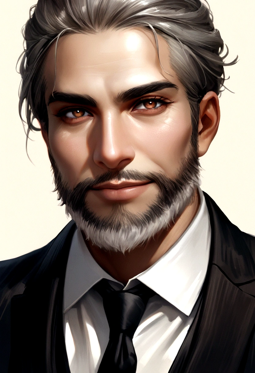 realistic portrait of business proffesional, 110 pounds weight, proffesionally dressed in a suit and tie, high qualiy, higher resolution, looking directly at the camera, proffesional, beautiful, slightly brownish detailed eyes, beautiful detailed lips, short beard, short gray hair, gentle expression, warm smile, distinctive appearance, adequate lighting, simple background