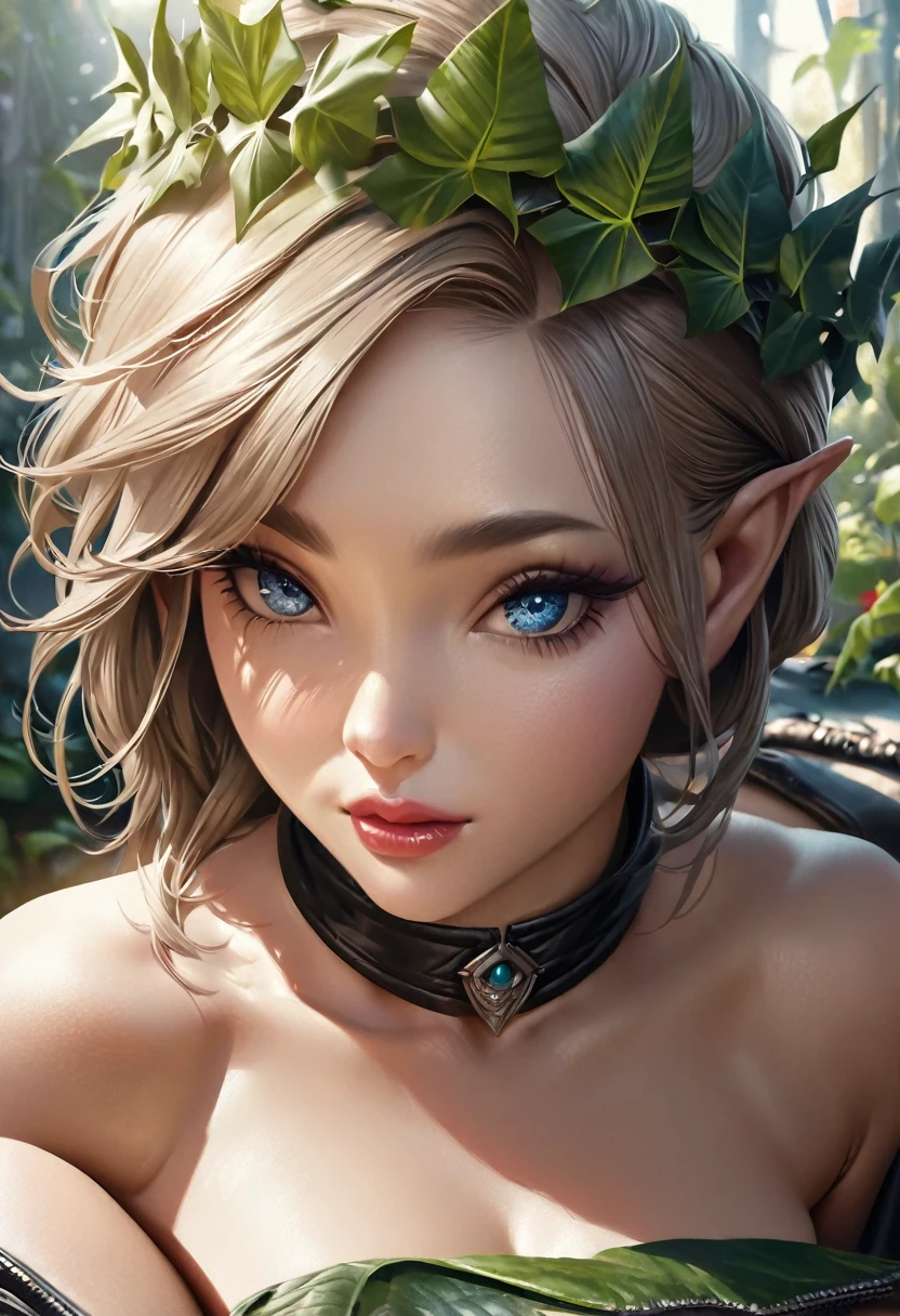 beautiful detailed eyes, beautiful detailed lips, extremely detailed eyes and face, long eyelashes, 1 girl, elf, busty, leather leaf thong, ivy crown, graphic design, 5 colors, (best quality,4k,8k,highres,masterpiece:1.2),ultra-detailed,(realistic,photorealistic,photo-realistic:1.37),fantasy,digital painting,concept art,cinematic lighting,vibrant colors,lush foliage