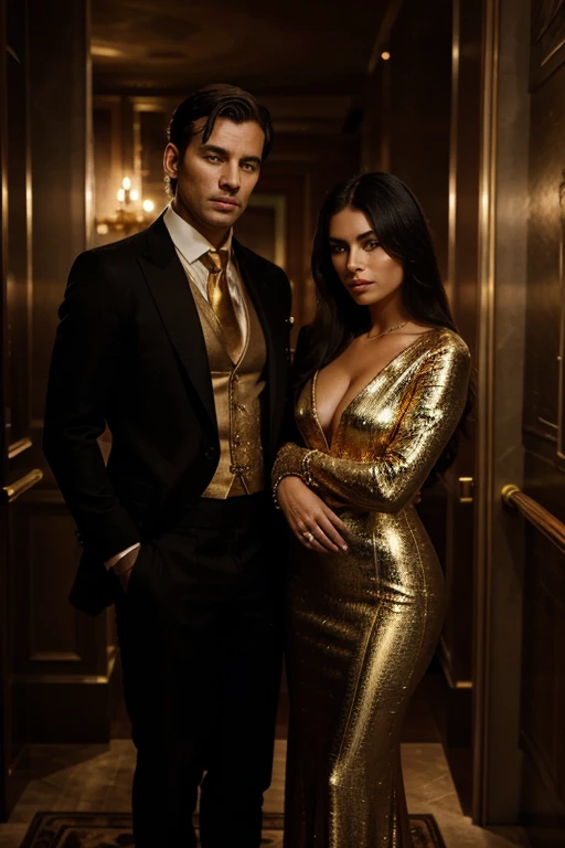 A millionaire man and woman in a somewhat dark environment, a dominant and persuasive look in a luxury mansion with gold and rolex