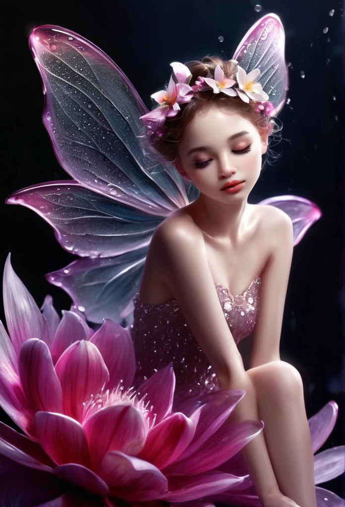 Beautiful flower,with water drops,a tiny fairy(full body) is gracefully sitting on the flower, pitch black background,(art work),(refined details),(high quality)