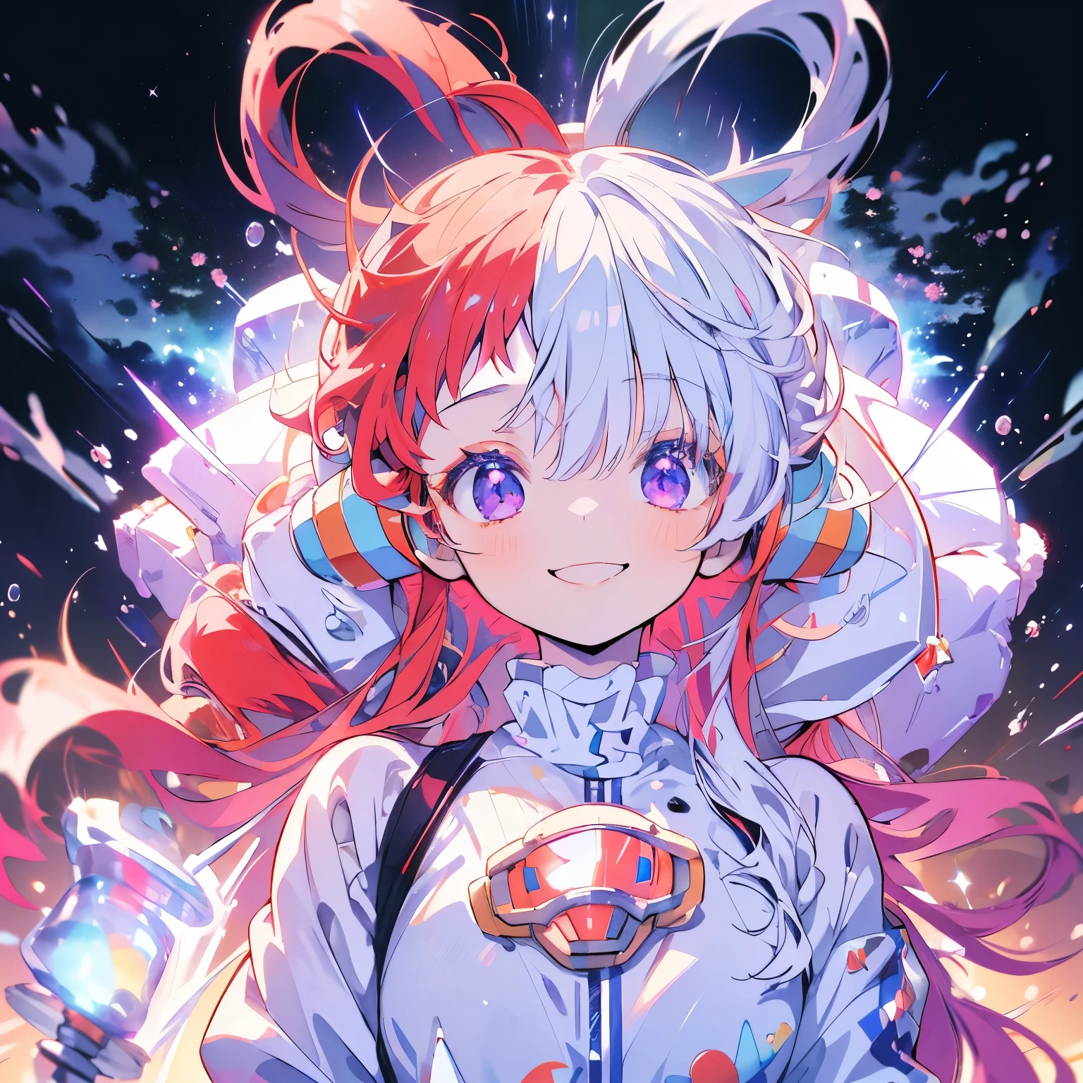 masterpiece、Cute Anime Girl、uta、Red and white hair、Long Hair、Purple eyes、smile、Shining Background、Starry Ski、(((Beautiful Milky Way、nebula)))、((Composition from above))、Upper Body