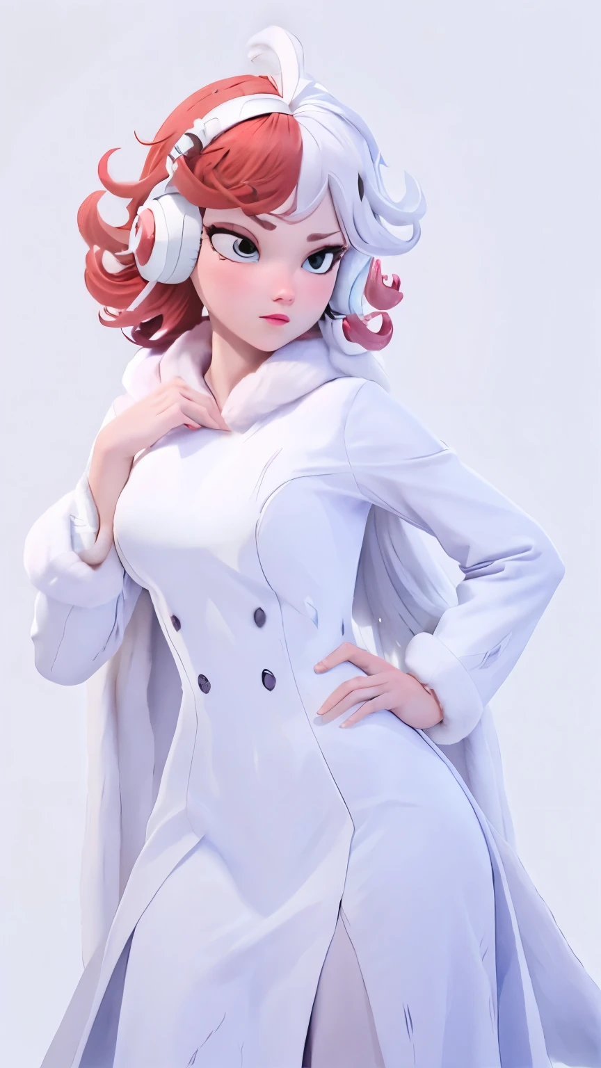 (1 girl, alone, Masterpiece, 4k, Best Quality:1.2, (cowboy shot), Best Quality:1.2, good hands, striking, (perfect hands, perfect anatomy)), 
utaop, headphones,blush, White dress, fur on one, red and white hair, multicolor fur, High average, 
((medium breasts, big hips, looking at the viewer)), 
((simple background, White background)), 