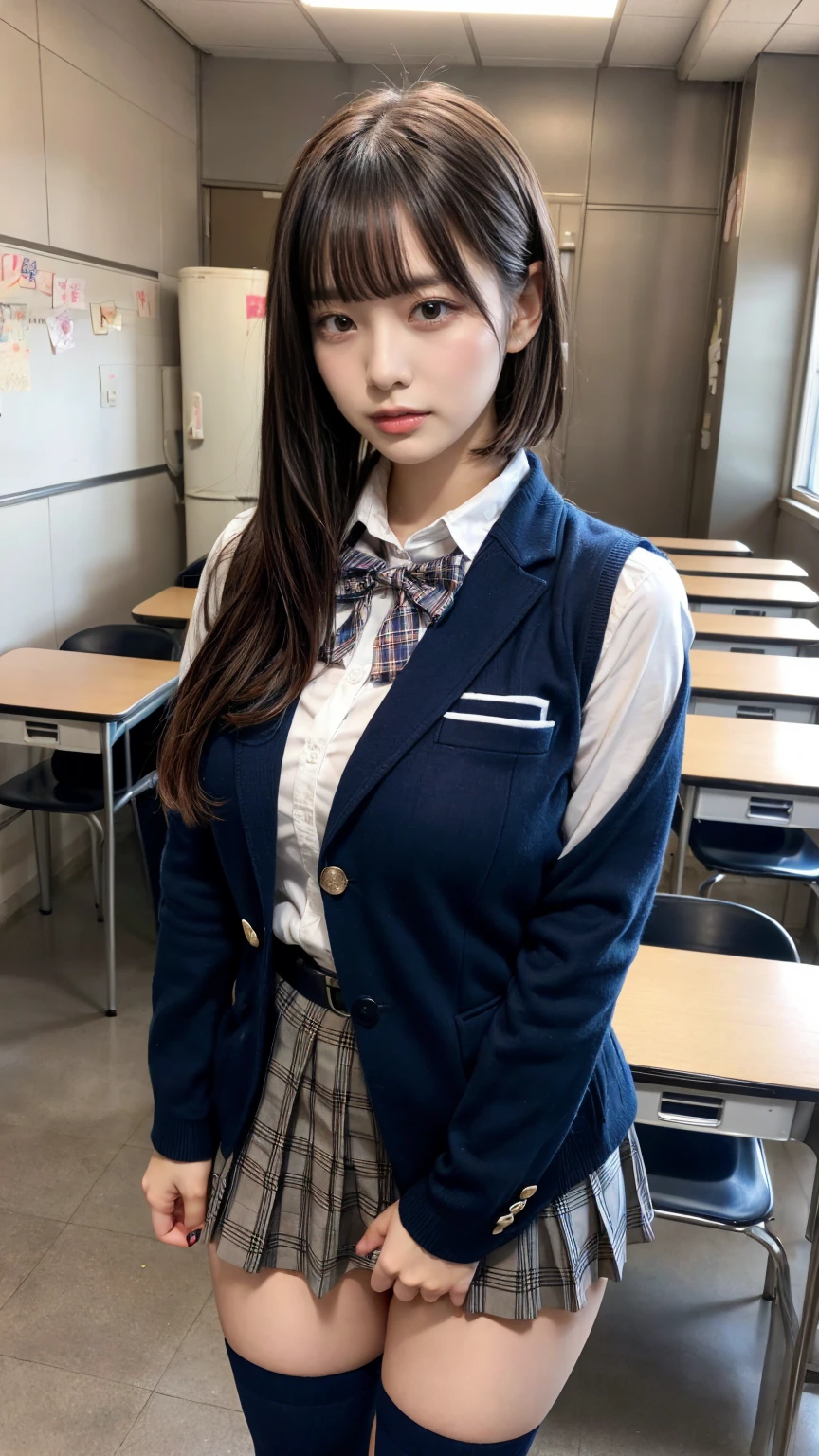 masterpiece, best quality, illustration, Super detailed, fine details, High resolution, 8K,wall paper, perfect dynamic composition,(Details High quality, realistic depiction of eyes:1.3), from side, High School Classroom、High school girl uniform、blazer 、Super Short Check Uniform Skirt、Navy blue high socks、garterbelts、Colossal tits、Disturbed uniform, short bob hair, black hair color, large breasts, Big Natural Color Lip, bold sexy pose, (perfect body shape), crying a little、cold gaze, Harajuku style、20 year old girl、cute type, beautiful legs, hposing Gravure Idol, Voluptuous thighs