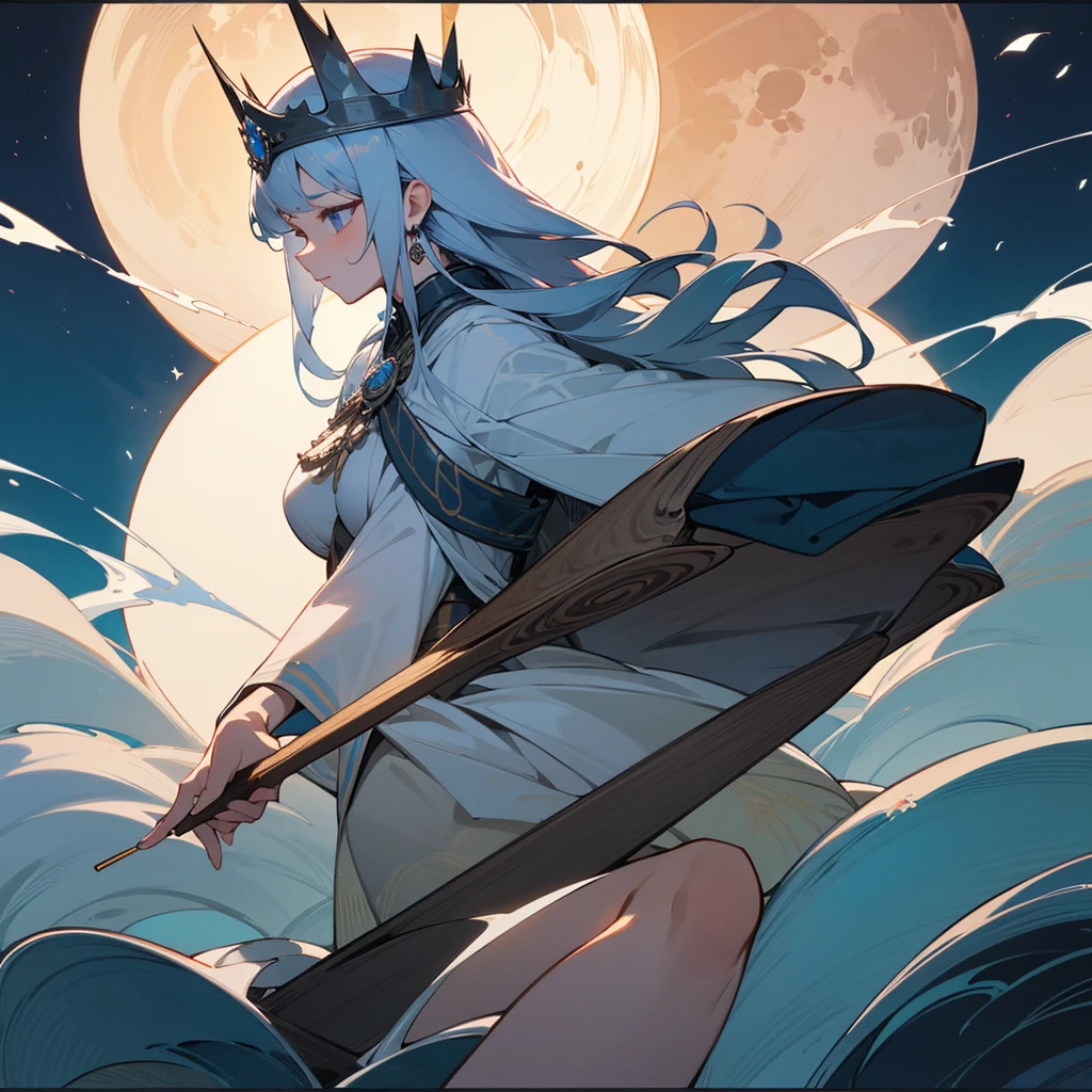 high resolution、Neat、Adult sexy、cool、Moon Goddess！He carries a silver stick with a large round ring、Wave the big stick and it will rise quietly to the sky。Wearing a crown like a princess。
Overall white、In light blue image！