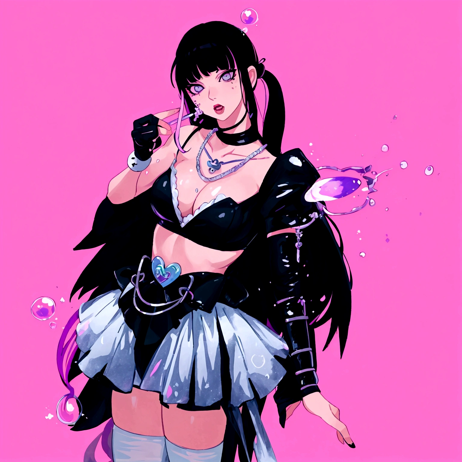there is a woman in a costume that is standing up, bubble goth, inspired by Awataguchi Takamitsu, morrigan, spellcasting pose, glitchpunk girl, inspired by Jin Homura, “uwu the prismatic person, e-girl, e - girl, glamorous tifa lockheart, belle delphine, inspired by Sim Sa-jeong