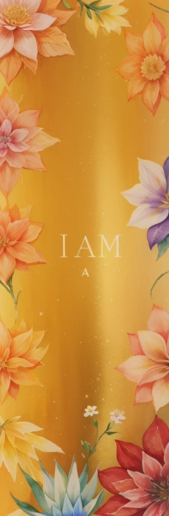 You create a minimalist image with a colored background where the marginal edges of this image are made up of watercolor flowers that do not appear in their entirety. The objective of the image is to convey reflection and self-knowledge with the central phrase "I am". Use another flower pattern to characterize a new image. Present elements on the golden background that will offer a sense of depth and shadow. Apply a type of watermark with a flower of life geometric pattern and leave the flowers with more details.