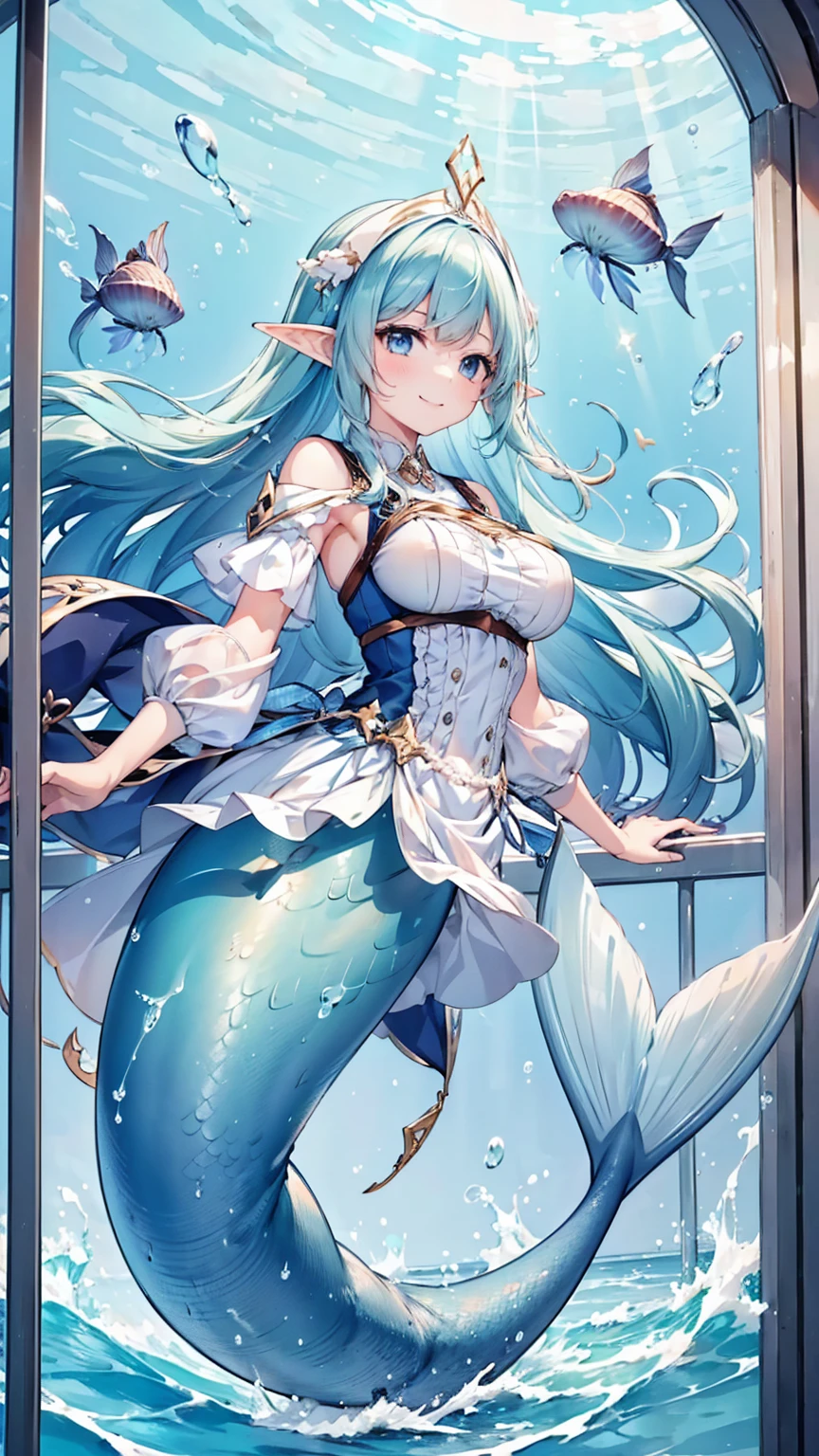 masterpiece, best quality,A girl,Blue Hair,White Dress,Ahoge,blue eyes, Elf ears,独奏,Large Breasts,Mermaid,蓝色的Mermaid尾巴,full-body shot,transportation facilities_against_window,blue theme, (in water:1.2), (air bubble:1.3), Inside the train, (surreal:1.2), (jellyfish:1.2), (whale:1.1),(fish:1.2),blurred foreground,charming face(Kawaii, charming,Soft),Looking at the audience,Smile