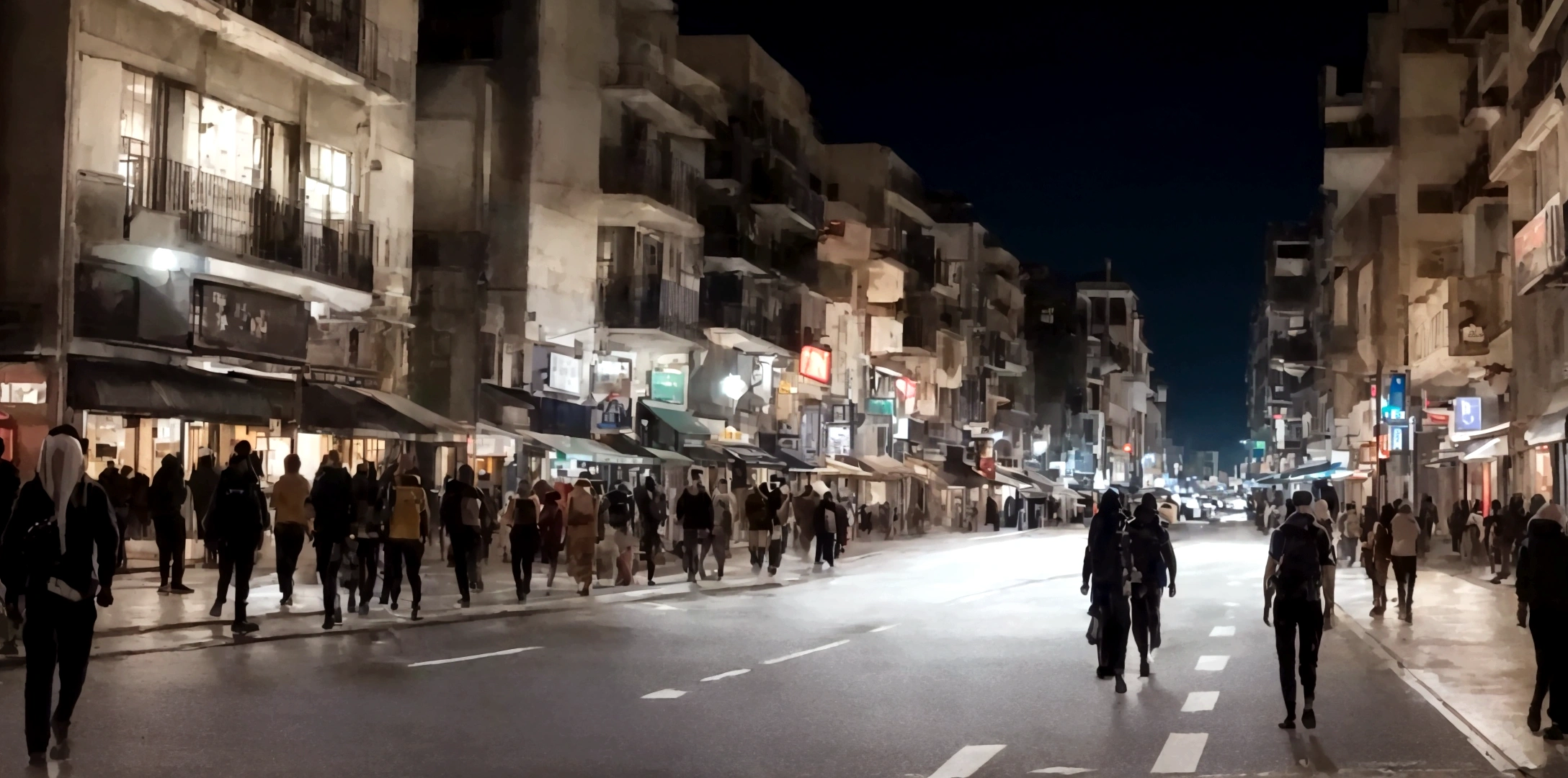 several roads in a deserted place, going in different directions, moonlit weather, with a large crowd walking on these roads, people walking, men and women and children walking