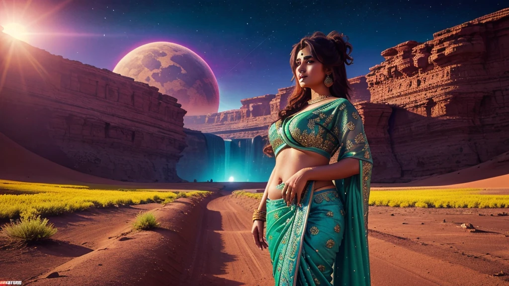 Desi BBW bhabi hot saree neon scenary alien planet background sunny day