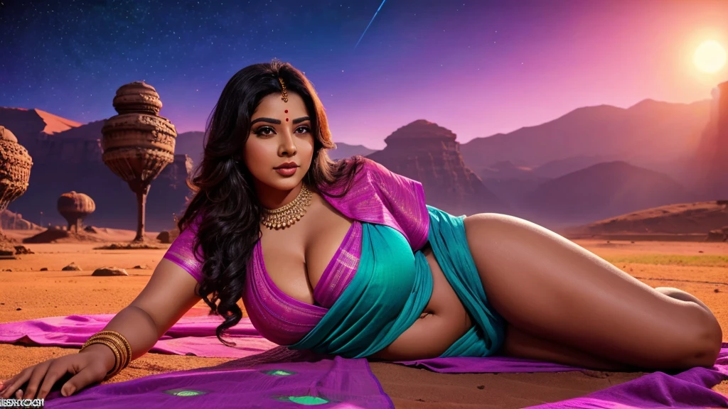 Desi BBW bhabi hot saree neon scenary alien planet background sunny day