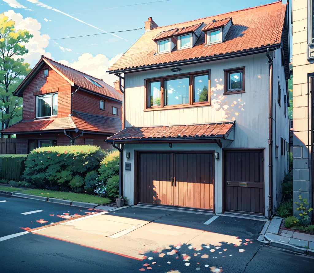 Picture of an English style house in a residential area surrounded by nature, the house has a small parking space. There are stairs in front of the house. The house has only one storey with large windows. Parking space, separate garage. Car in front of the garage, the view is from across the street. House is facing the street, the house is made up of red bricks.