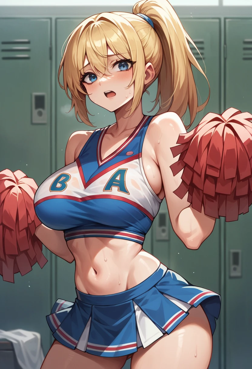 Cheerleader, large breasts, long blonde hair, bitchy expression, blue eyes, red cheerleader outfit, ponytail, locker room 