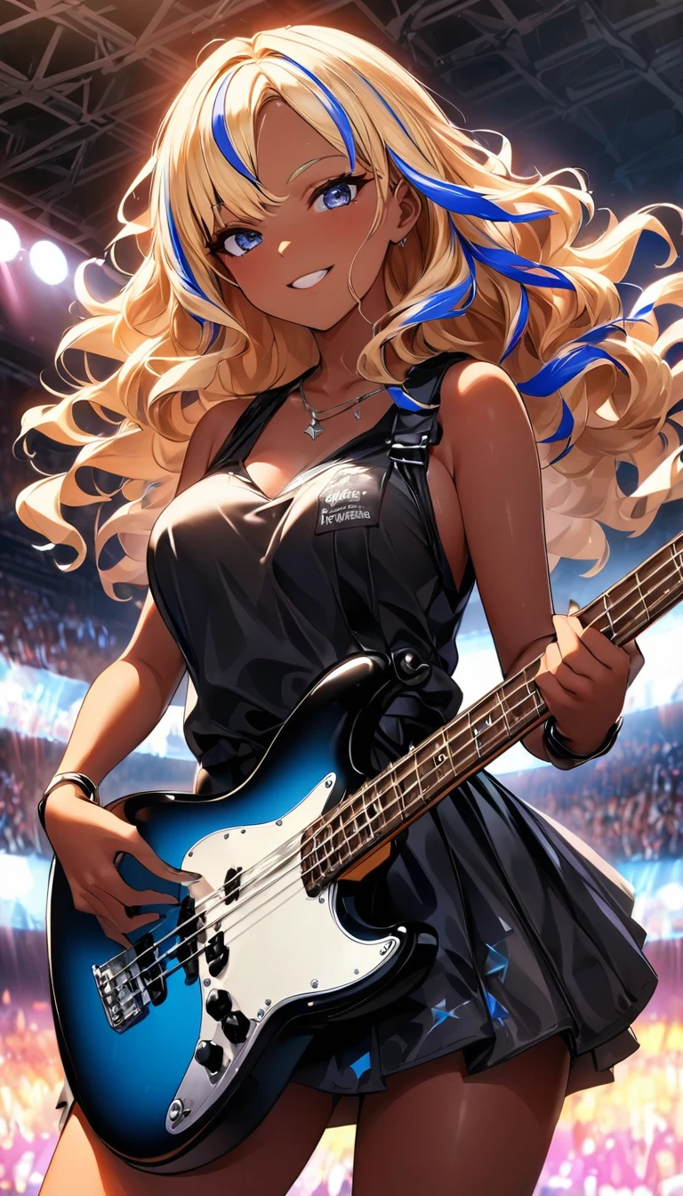 (highest quality:1.2, Very detailed, up to date, Vibrant, Ultra-high resolution, High Contrast, masterpiece:1.2, highest quality, Best aesthetics), Portraiture、girl、slim, stage、performance、Rock Music、Bright colors、Beautiful fine details、Beautiful lip detail、extra short hair, ((wavy hair:1.2))、messy hair, blonde and blue ((streaked hair:1.5)), highlights hair: 1.3, middium breast, (tan skin:1.3), Music band、Cheerful pose、Concert Light、Edgy Style、black tank top、Dynamic Movement、hypnotic sounds、Stadium、amplifier、Loud music、Fender Electric bass、playing bass hard, Fender bass, mike stand, Powerful vocals、Passionate performance、Sparkling stage、Concert atmosphere、Music Festival、Full of emotion、Rock star attitude、Resolute expression、Avid Fan、The presence of an attractive stage、 Expressive gestures、Rock star aura、An exciting atmosphere、Sing with all your heart、An unforgettable show。cowboy shot