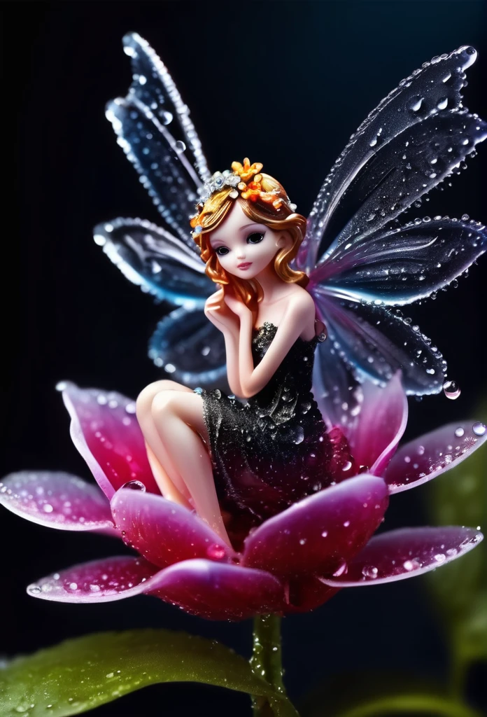 Beautiful flower,with water drops,a tiny miniature fairy(full body) is gracefully sitting on the flower, pitch black background,(art work),(refined details),(high quality)