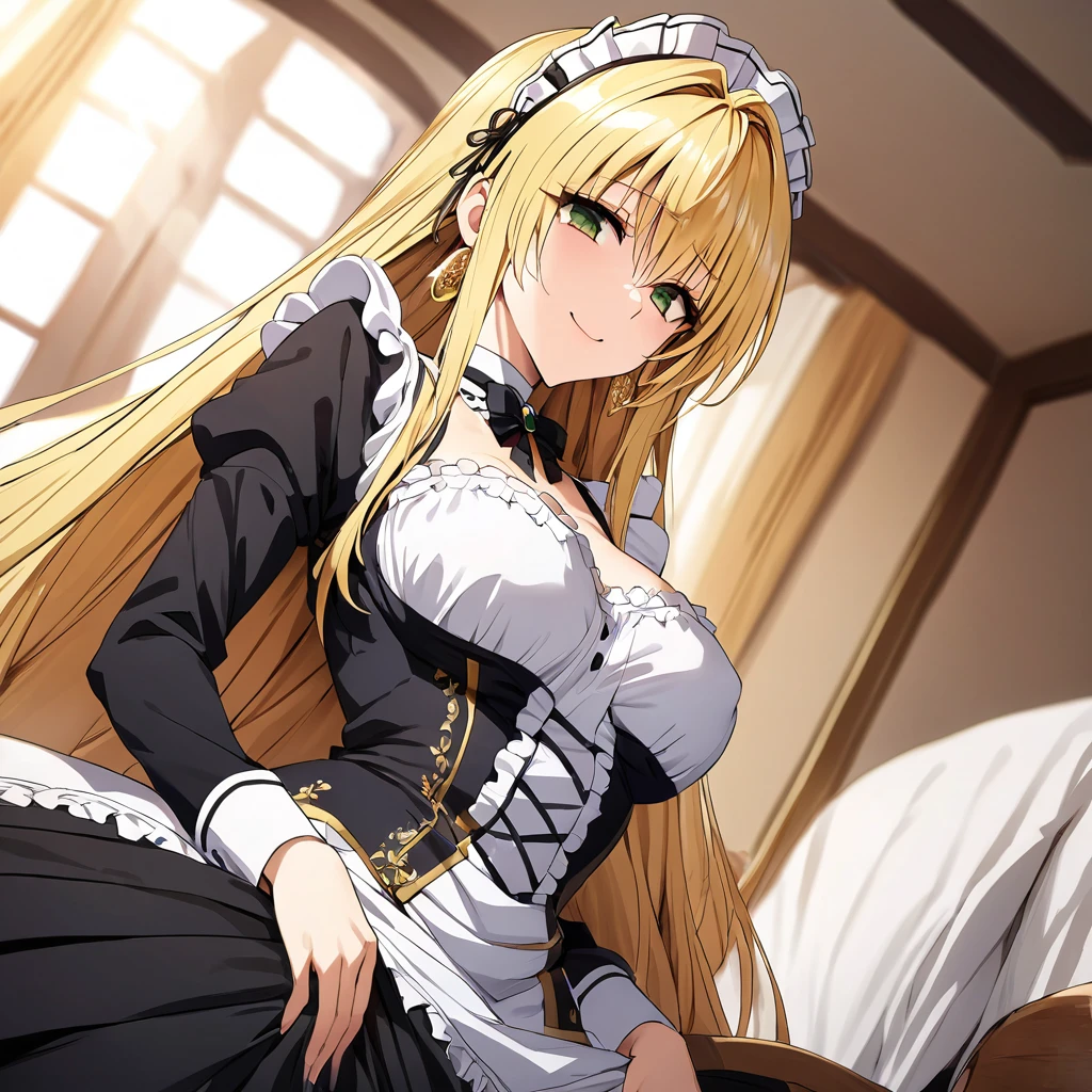 The woman is raped by naked men on a big bed and fucked so hard that a huge amount of semen comes out of her pussy.、The luxurious and high-class Victorian maid outfit is evenly decorated with gorgeous gold embroidery and edging, and the blouse, apron, and headband also have gorgeous gold embroidery and edging.、((Highest quality)), ((masterpiece)), (detailed), （Perfect Face）、The woman is Tierre, with green eyes, medium-long blonde hair, a Victorian maid outfit and maid headband, jeweled earrings, and an engagement ring.、The woman is smiling fondly in a luxurious room、The Victorian maid uniform is a calm, old-fashioned type with long sleeves and a long skirt, decorated with luxurious gold embroidery and edging.