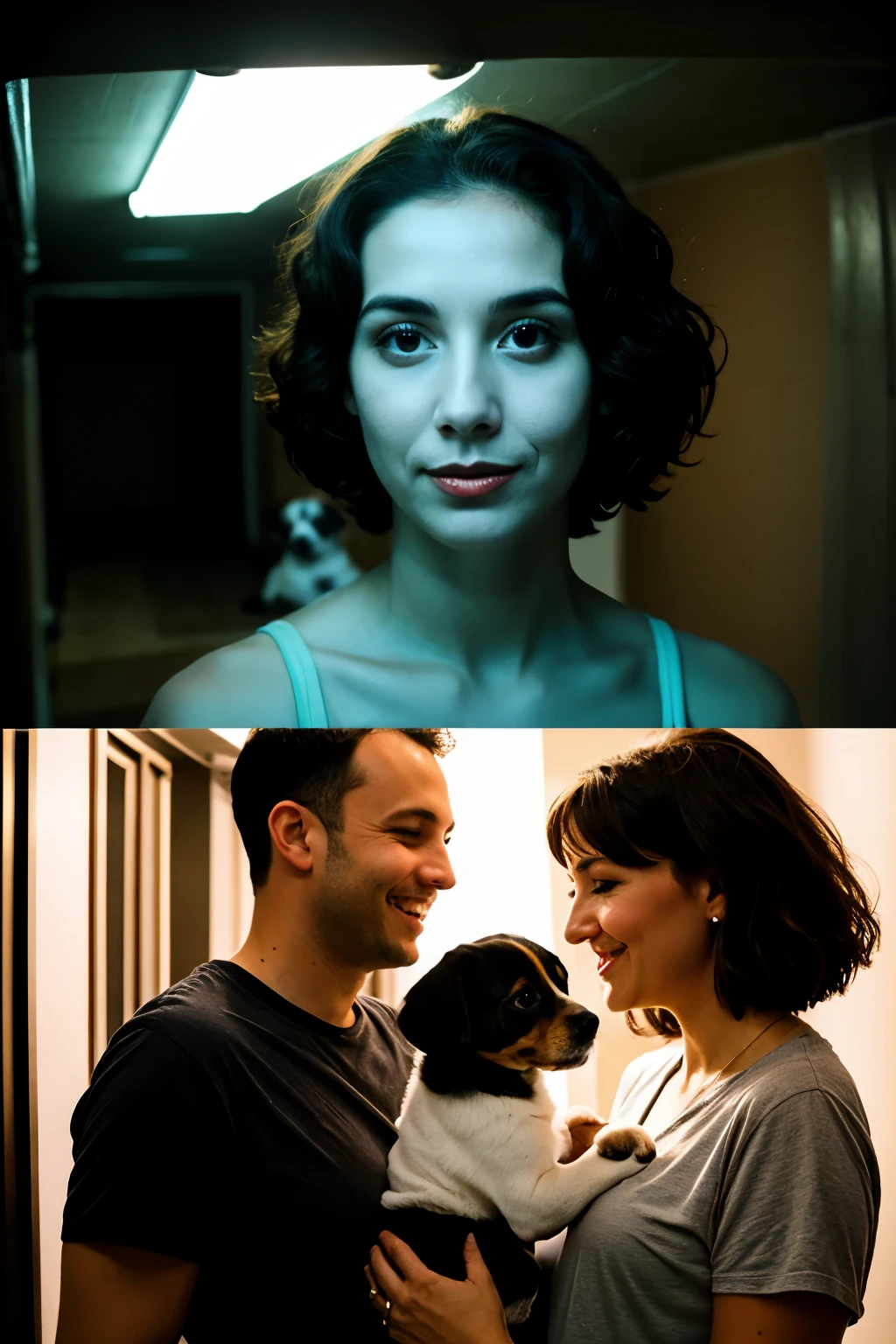 a mom,,a puppy and a dad turned into an alien in a basement