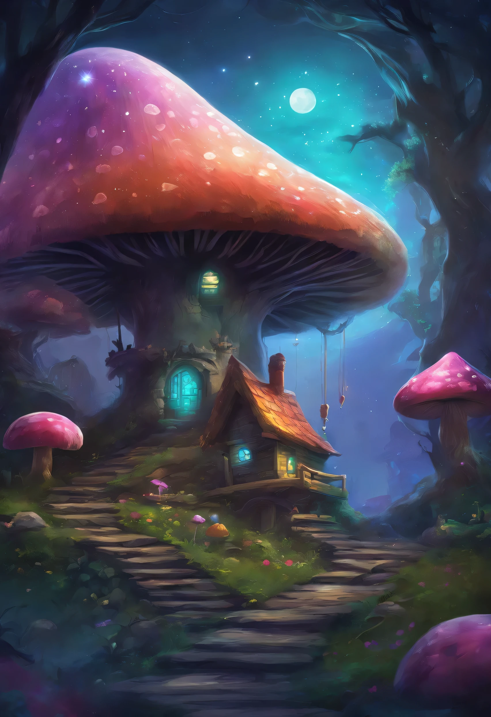 Fantasy elf world,The moon hangs high in the night,The galaxy hangs high,A cute elf&#39;s mushroom house，Very detailed，Bullish trend，bright color