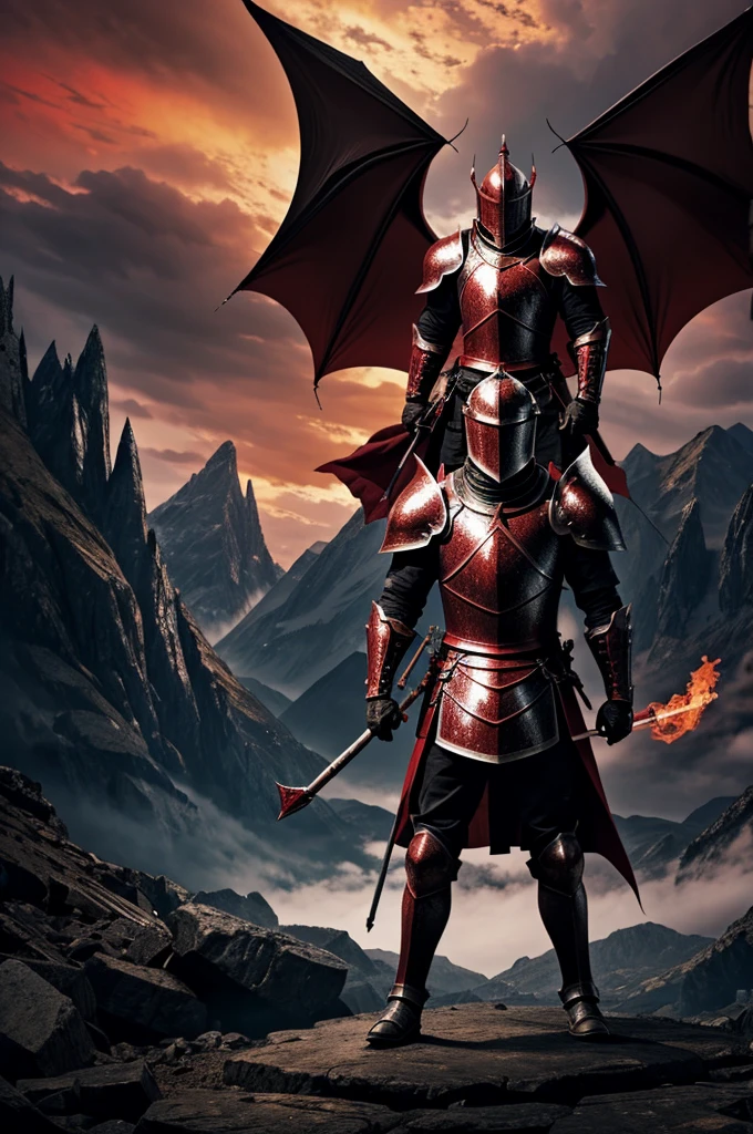 A knight in detailed black and red armor standing in the foreground, with a dramatic mountain landscape and a dragon flying above