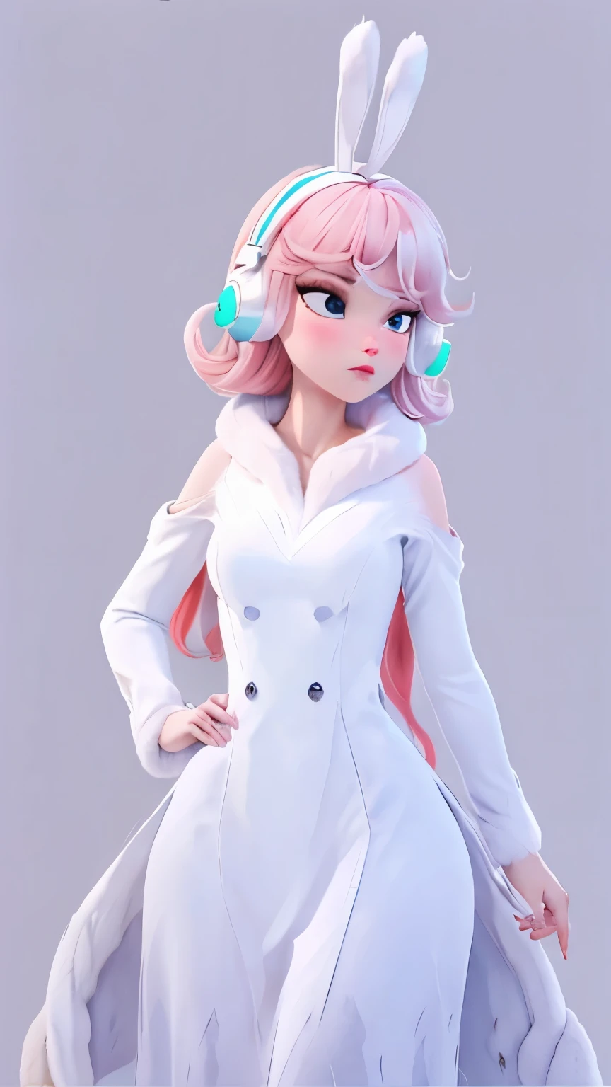 (1 girl, alone, Masterpiece, 4k, Best Quality:1.2, (cowboy shot), Best Quality:1.2, good hands, striking, (perfect hands, perfect anatomy)), 
utaop, headphones,blush, White dress, fur on one, red and white hair, multicolor fur, High average, 
((medium breasts, big hips, looking at the viewer)), 
((simple background, White background)), 